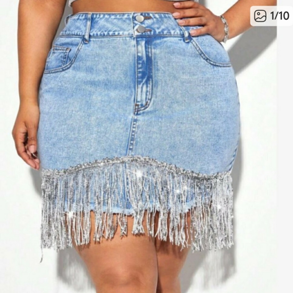 SHEIN CURVE Silver Fringe Denim Skirt